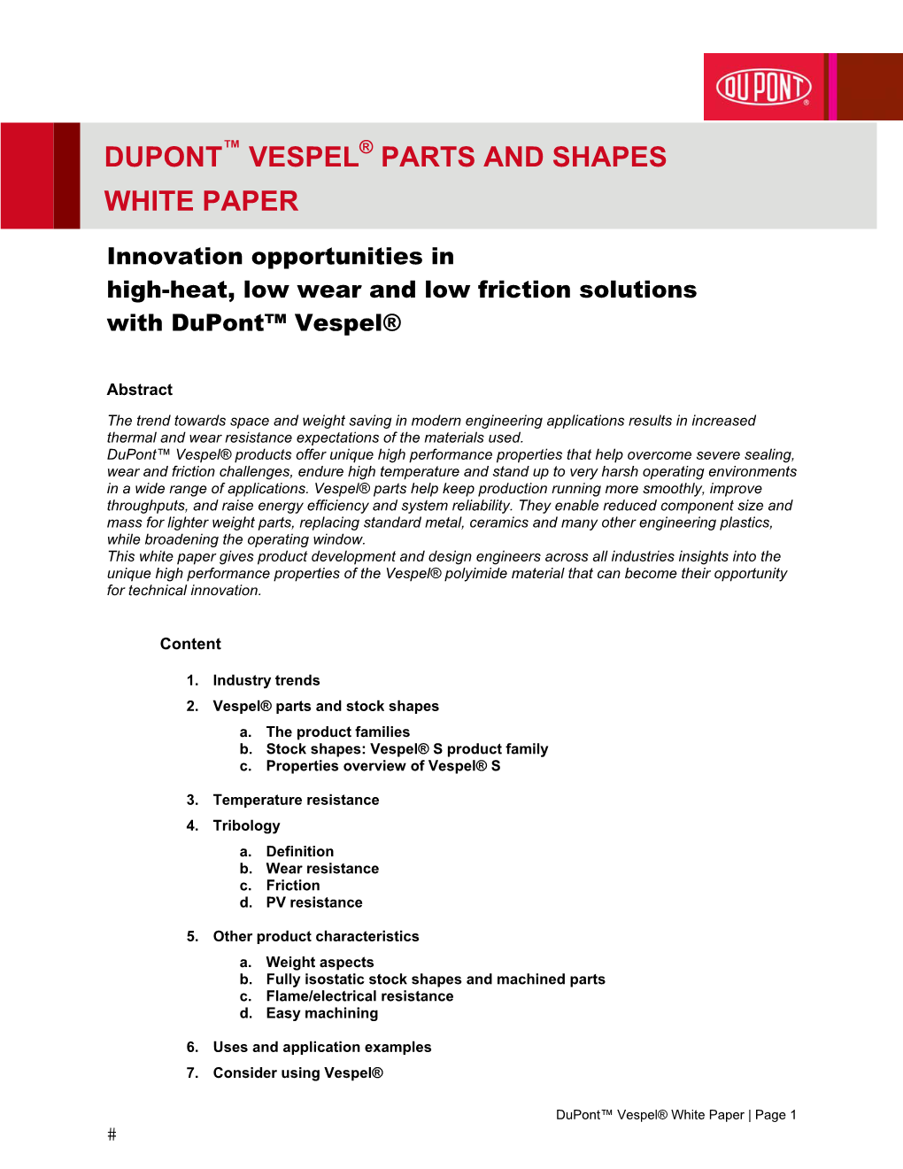Dupont™ Vespel® Parts and Shapes White Paper