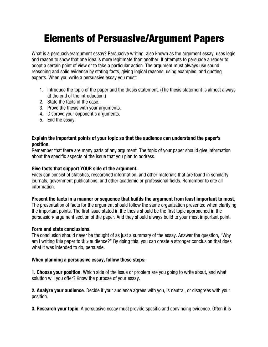 Elements of Persuasive/Argument Papers