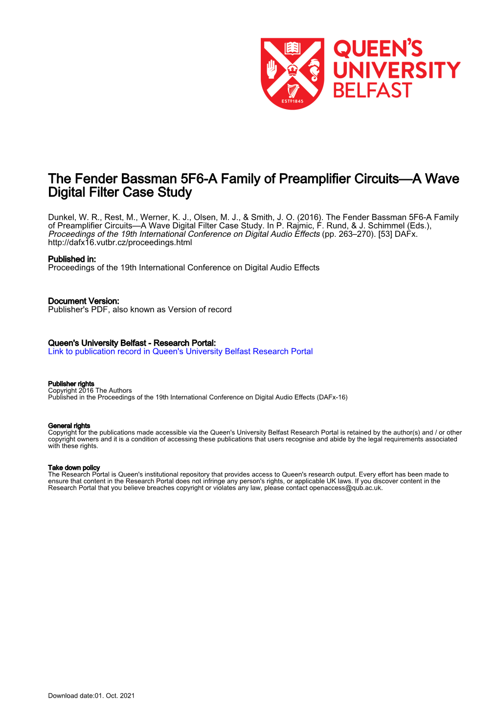 The Fender Bassman 5F6-A Family of Preamplifier Circuits—A Wave Digital Filter Case Study