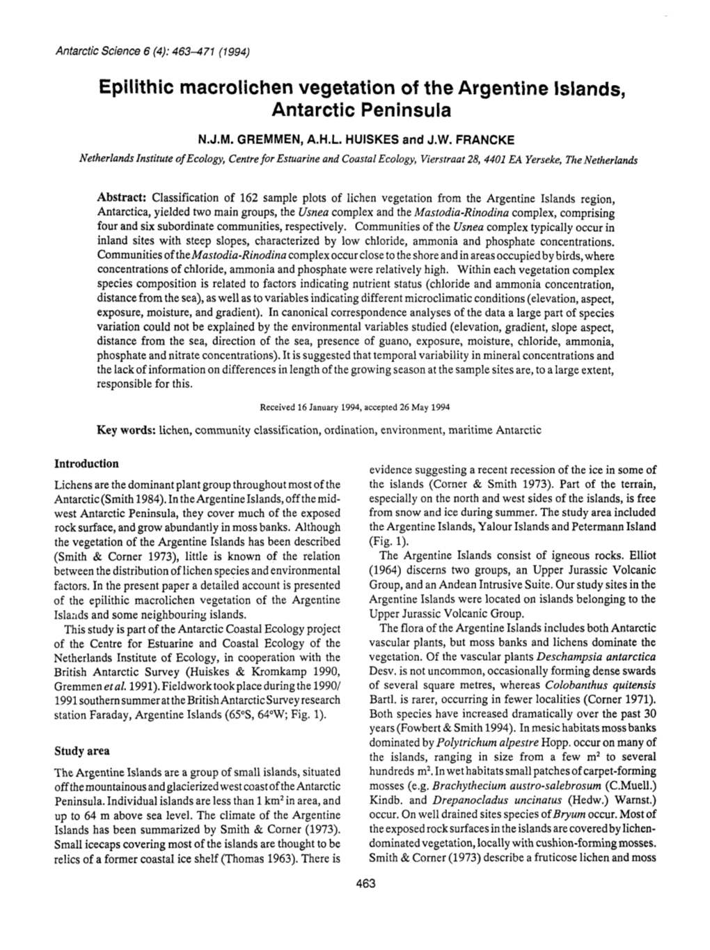 Epilithic Macrolichen Vegetation of the Argentine Islands, Antarctic Peninsula N.J.M