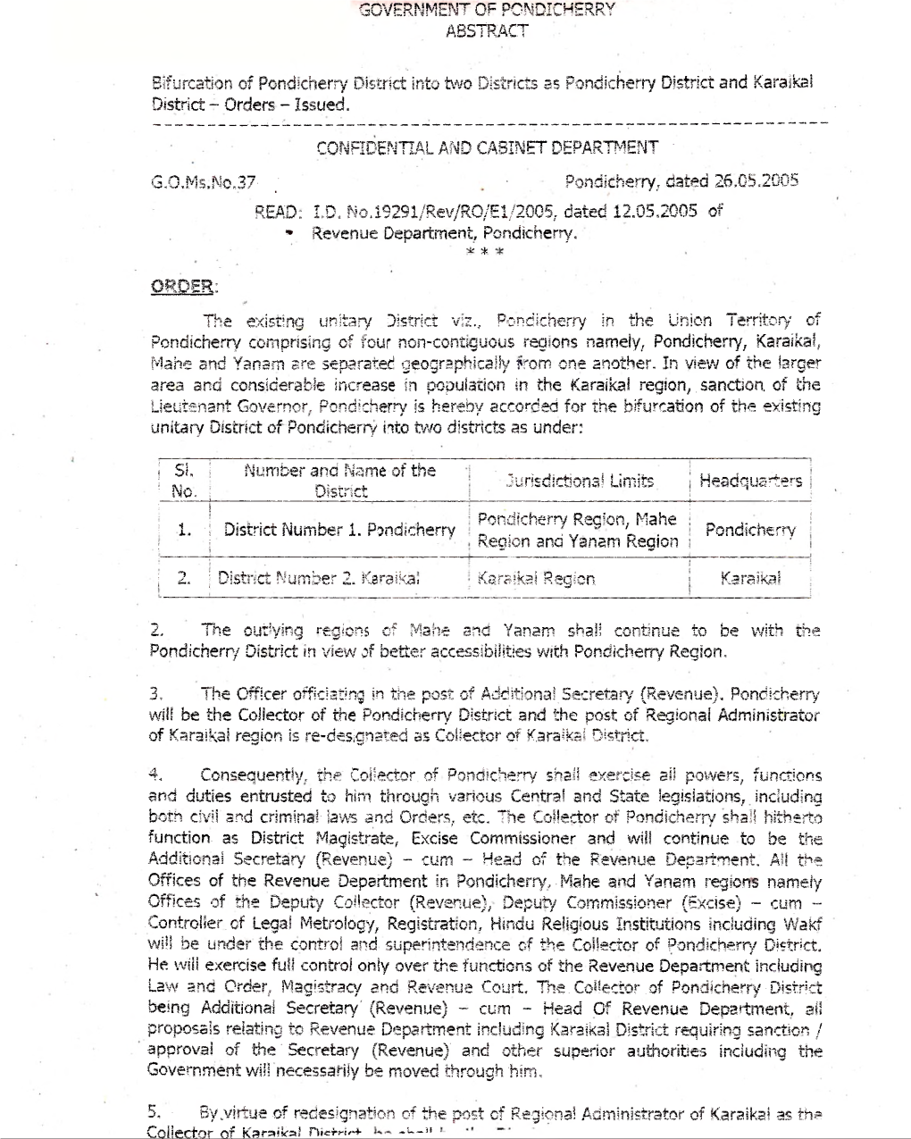 Bifurcation of Puducherry Into Pondicherry & Karaikal Districts