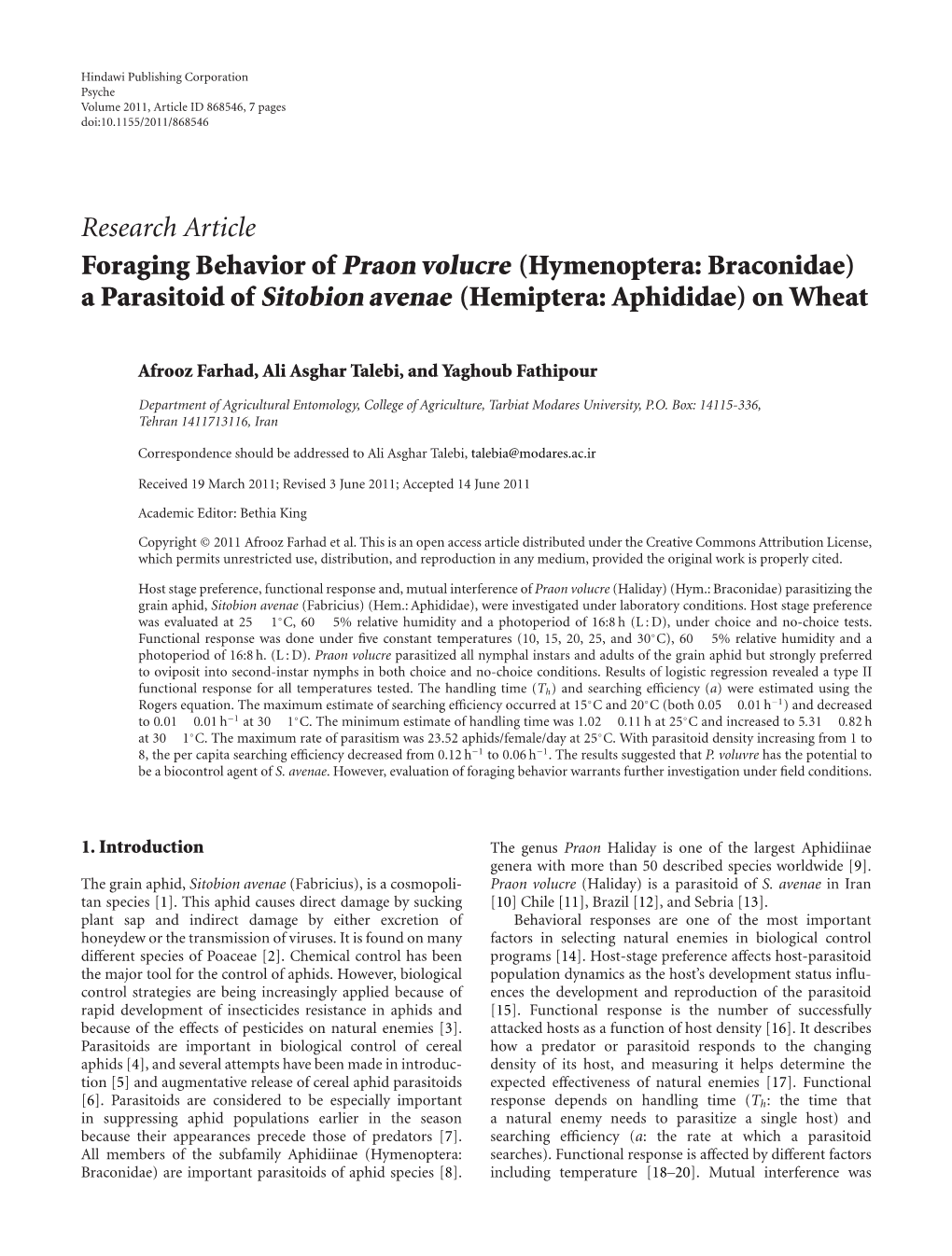 Foraging Behavior of Praon Volucre (Hymenoptera: Braconidae) a Parasitoid of Sitobion Avenae (Hemiptera: Aphididae) on Wheat