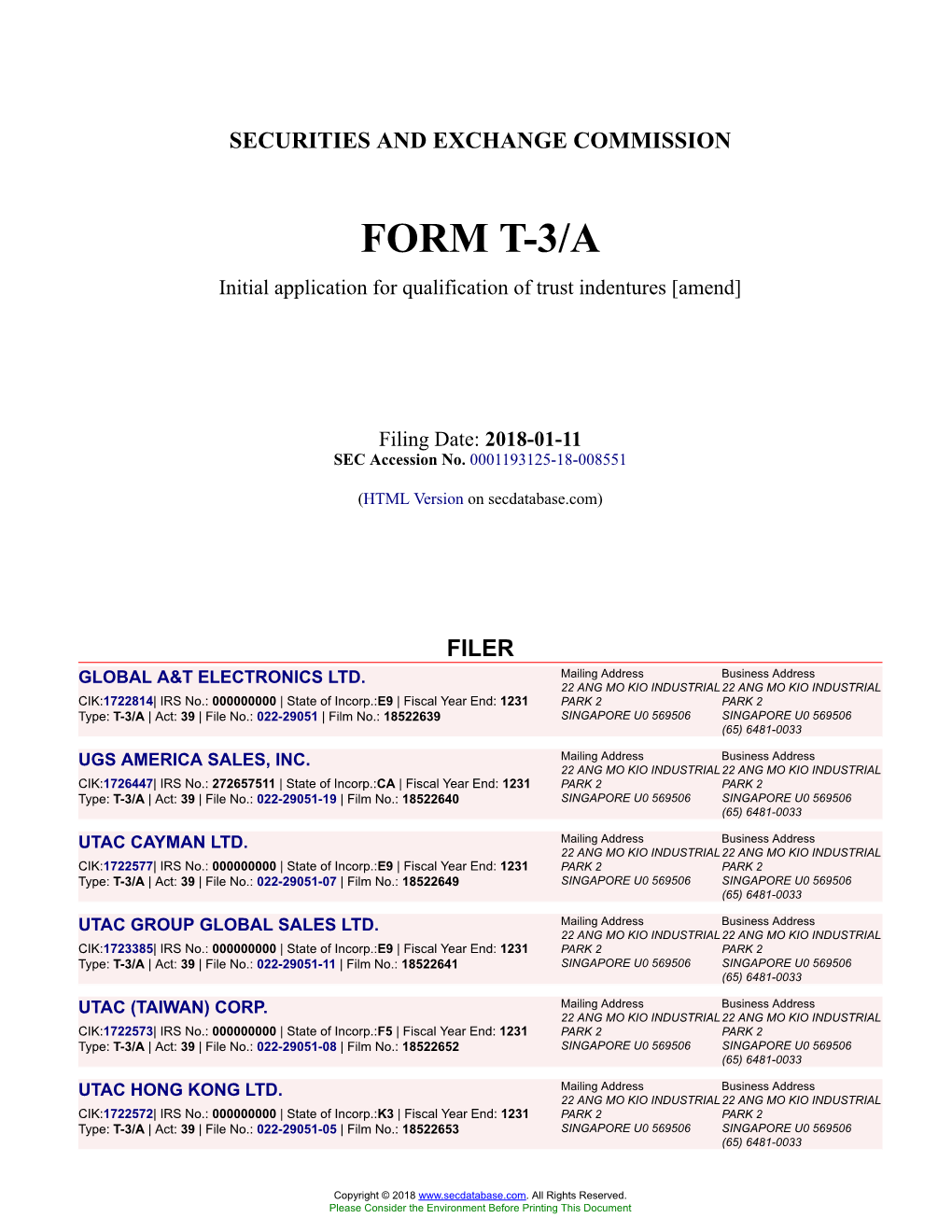 GLOBAL A&T ELECTRONICS LTD. Form T-3/A Filed 2018-01-11