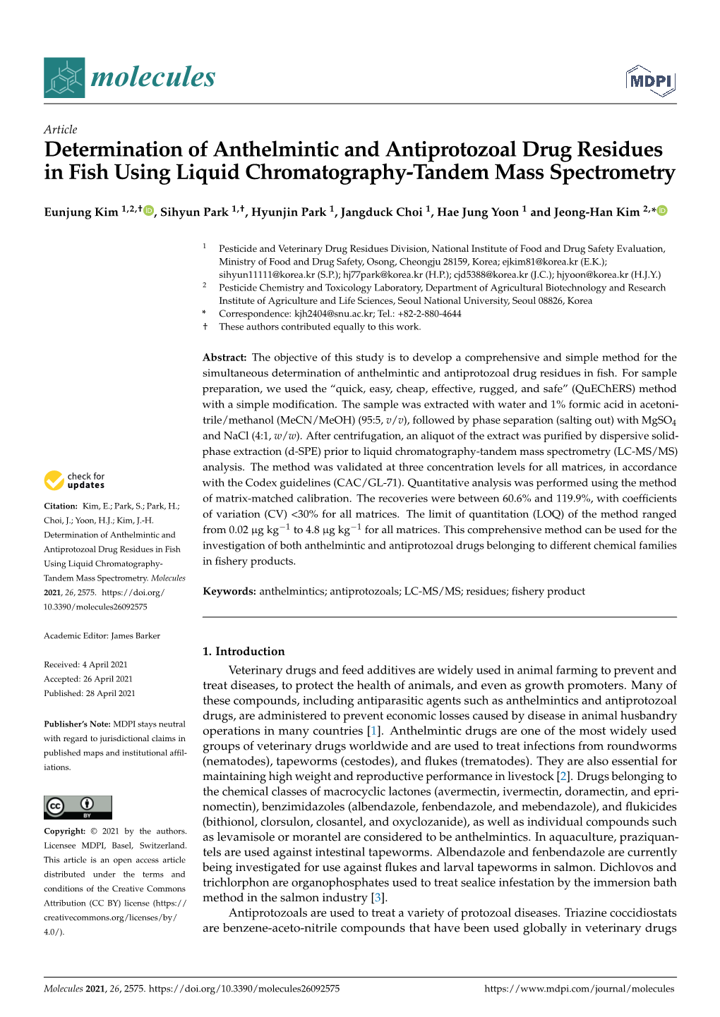 Determination of Anthelmintic and Antiprotozoal Drug Residues in Fish Using Liquid Chromatography-Tandem Mass Spectrometry