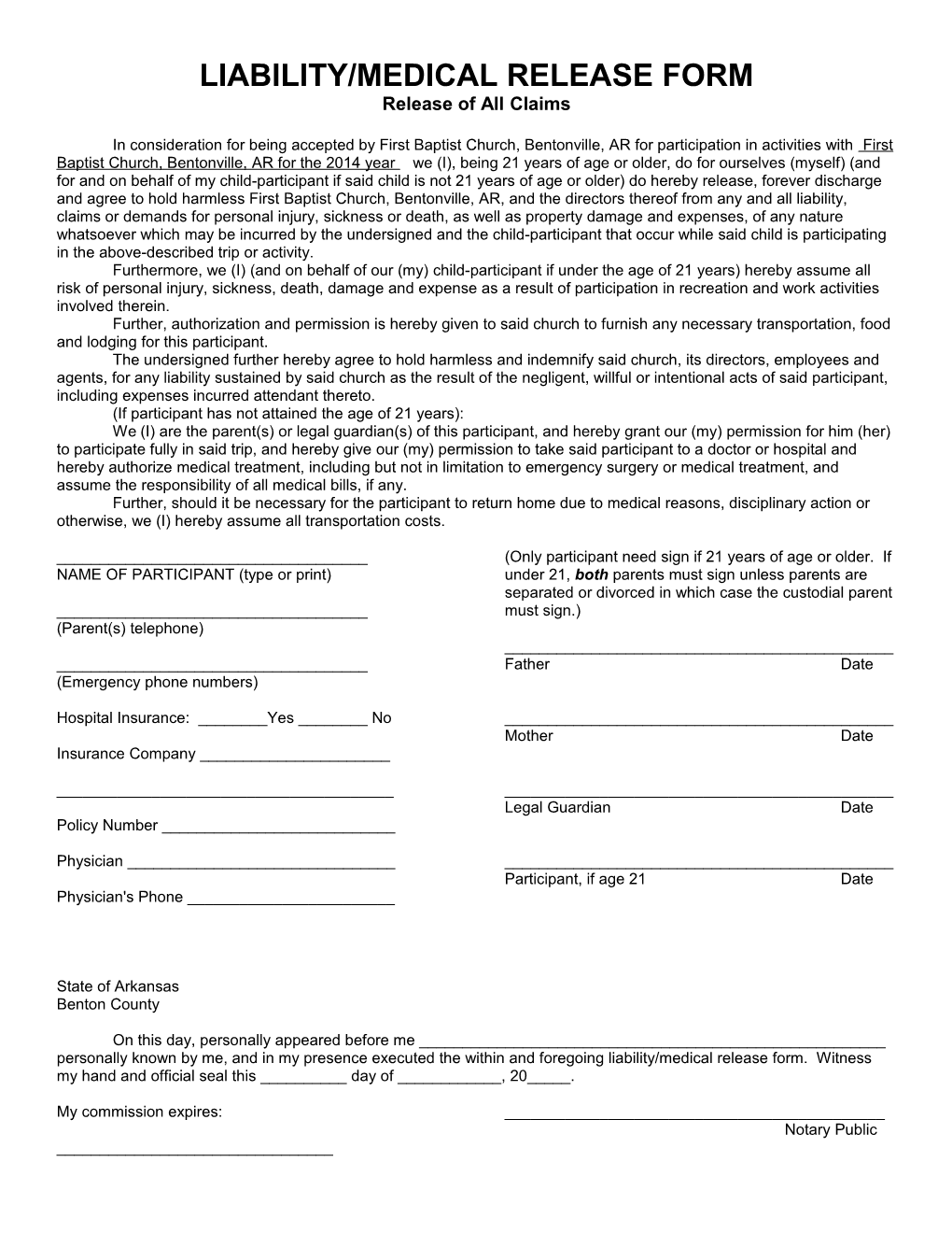 Liability/Medical Release Form