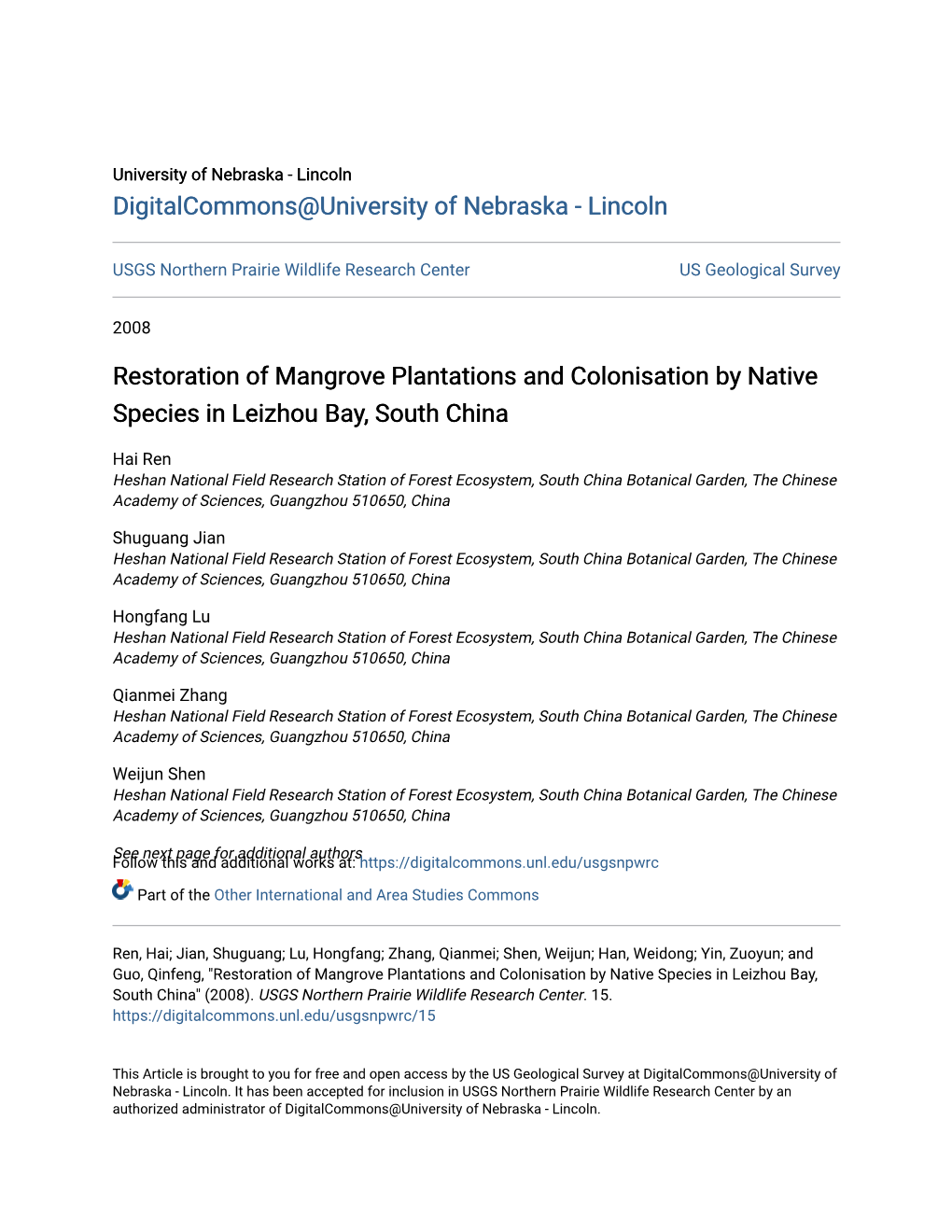 Restoration of Mangrove Plantations and Colonisation by Native Species in Leizhou Bay, South China