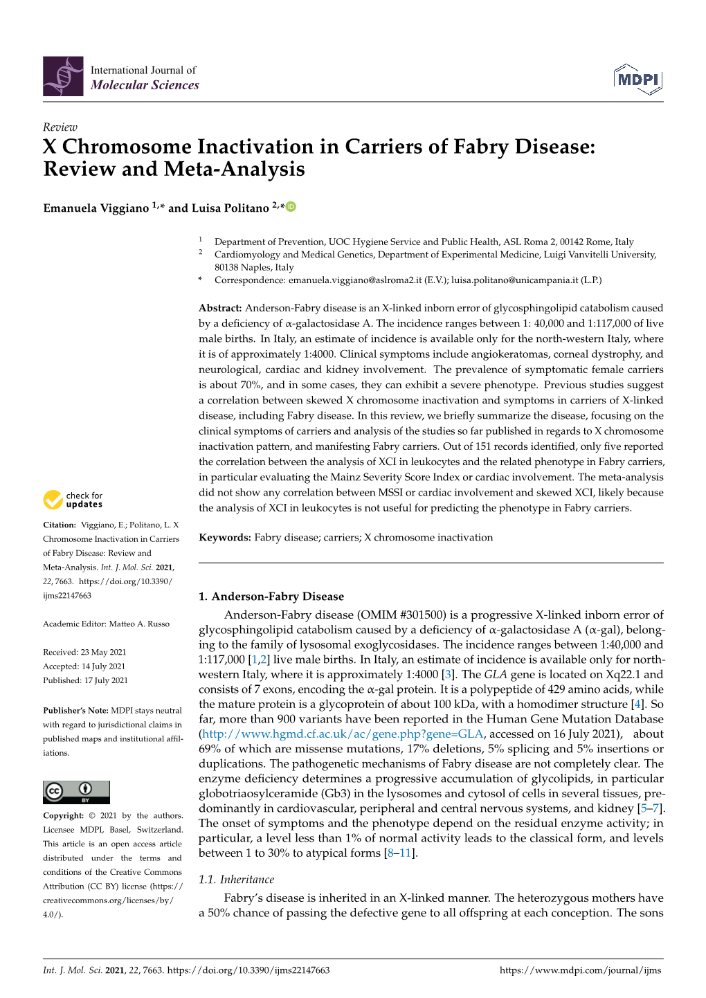 X Chromosome Inactivation in Carriers of Fabry Disease: Review and Meta-Analysis