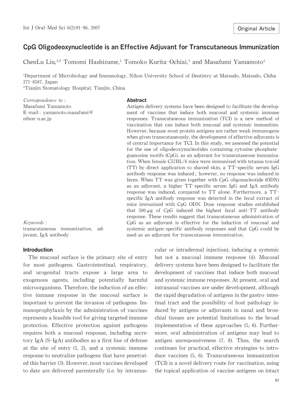 Cpg Oligodeoxynucleotide Is an Effective Adjuvant for Transcutaneous Immunization