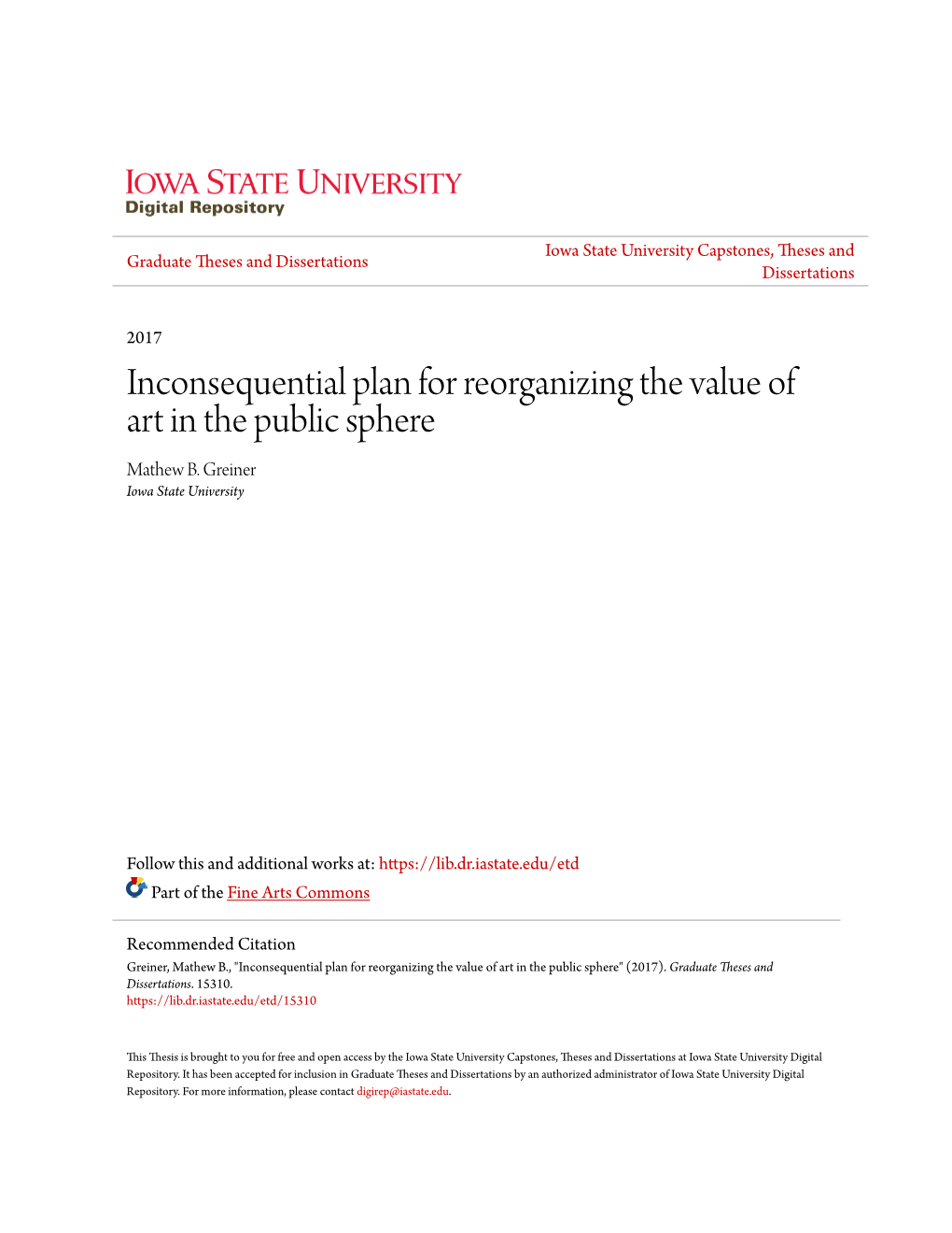 Inconsequential Plan for Reorganizing the Value of Art in the Public Sphere Mathew B