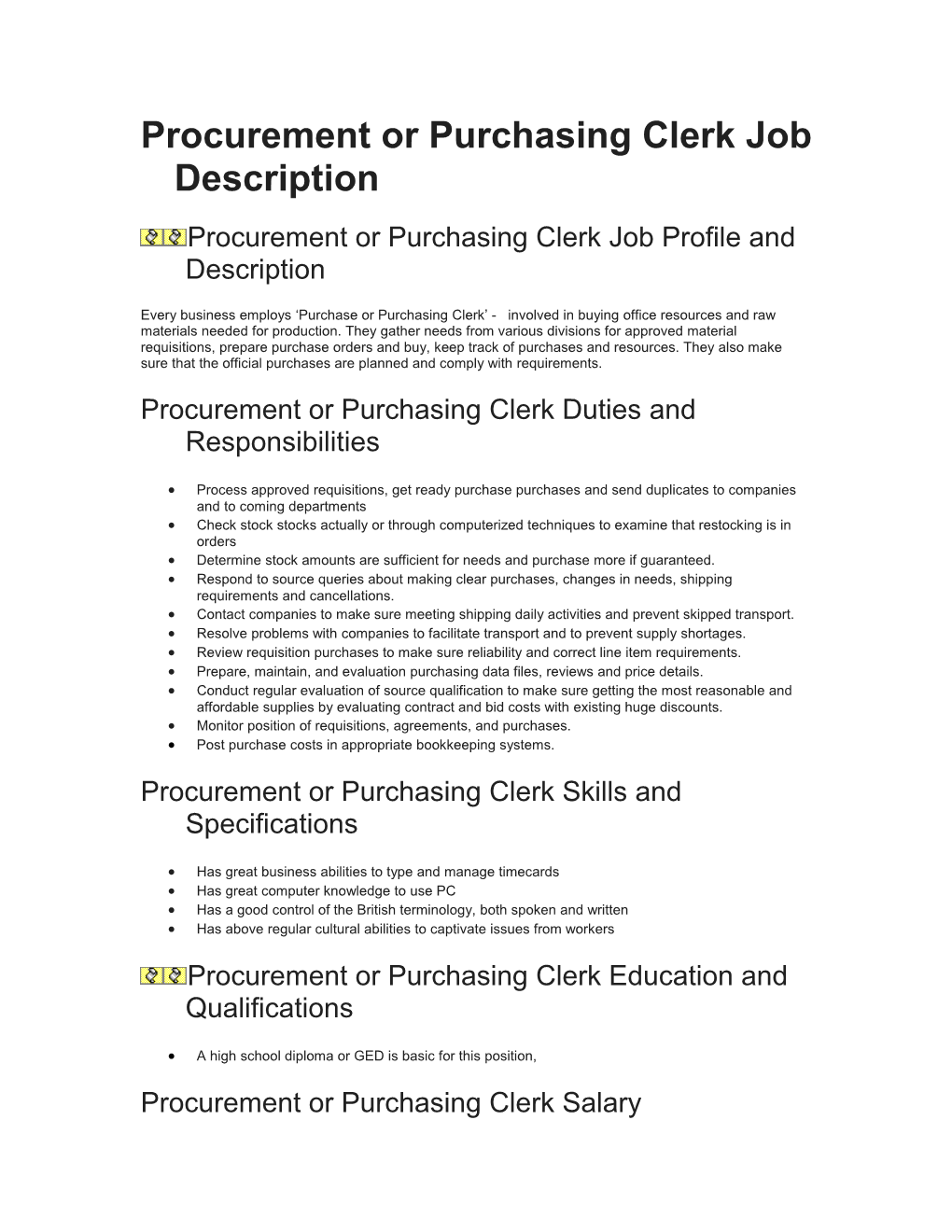 Procurement Or Purchasing Clerk Job Description