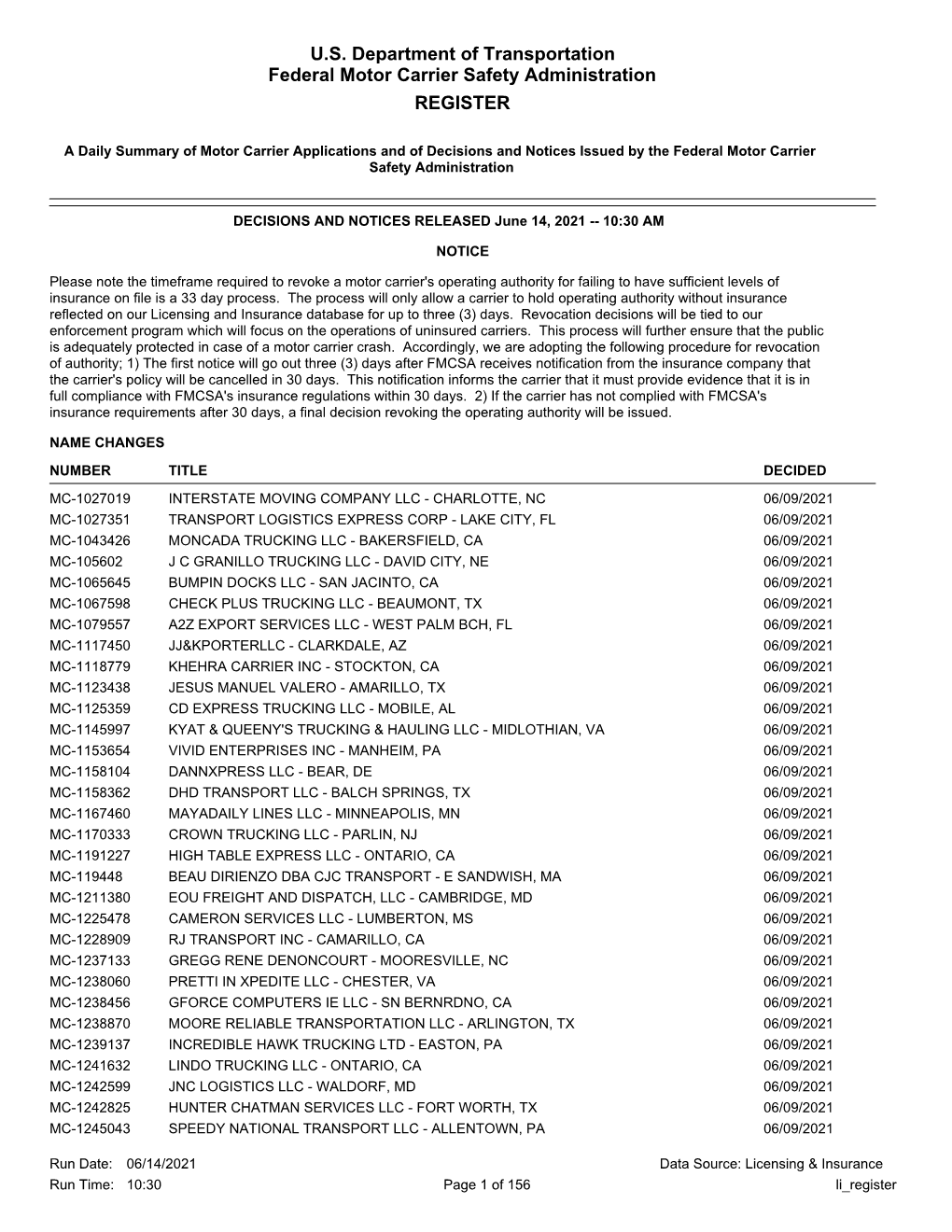 U.S. Department of Transportation Federal Motor Carrier Safety Administration REGISTER