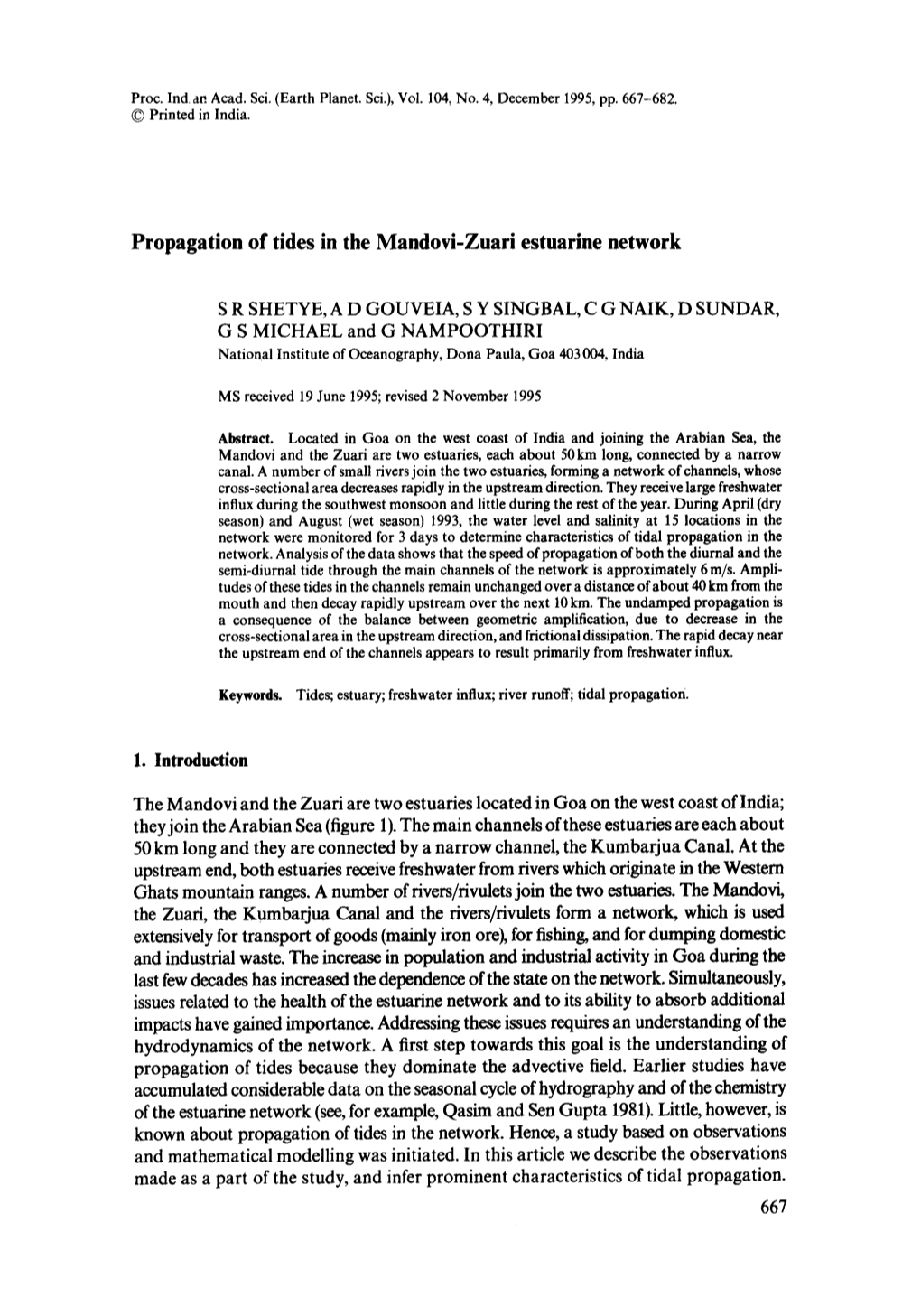 Propagation of Tides in the Mandovi-Zuari Estuarine Network