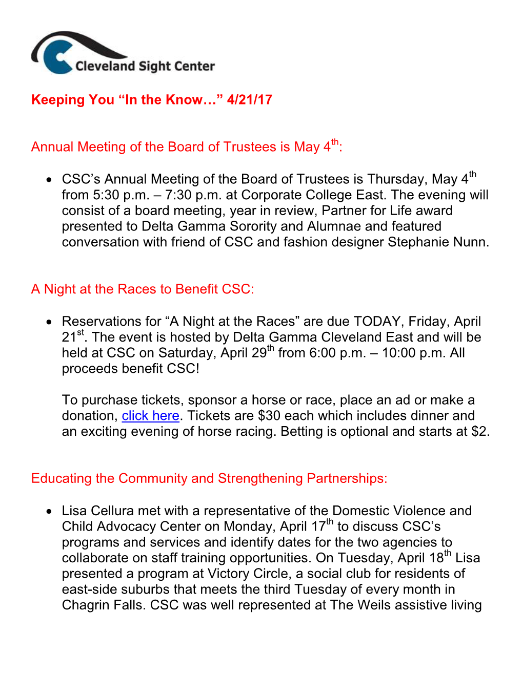 4/21/17 Annual Meeting of the Board of Trustees Is May 4 : • CSC's