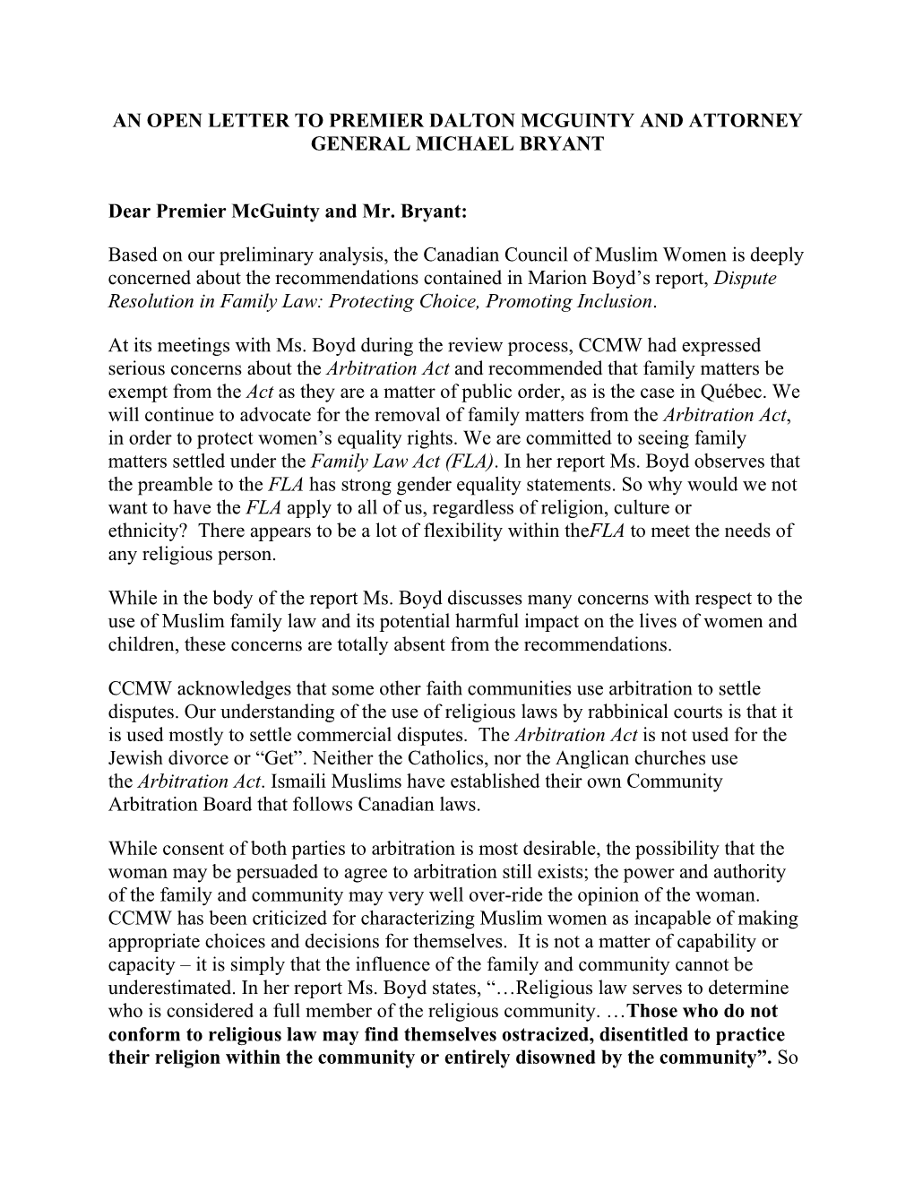 Open Letter to Premier Dalton Mcguinty and Attorney General Michael Bryant