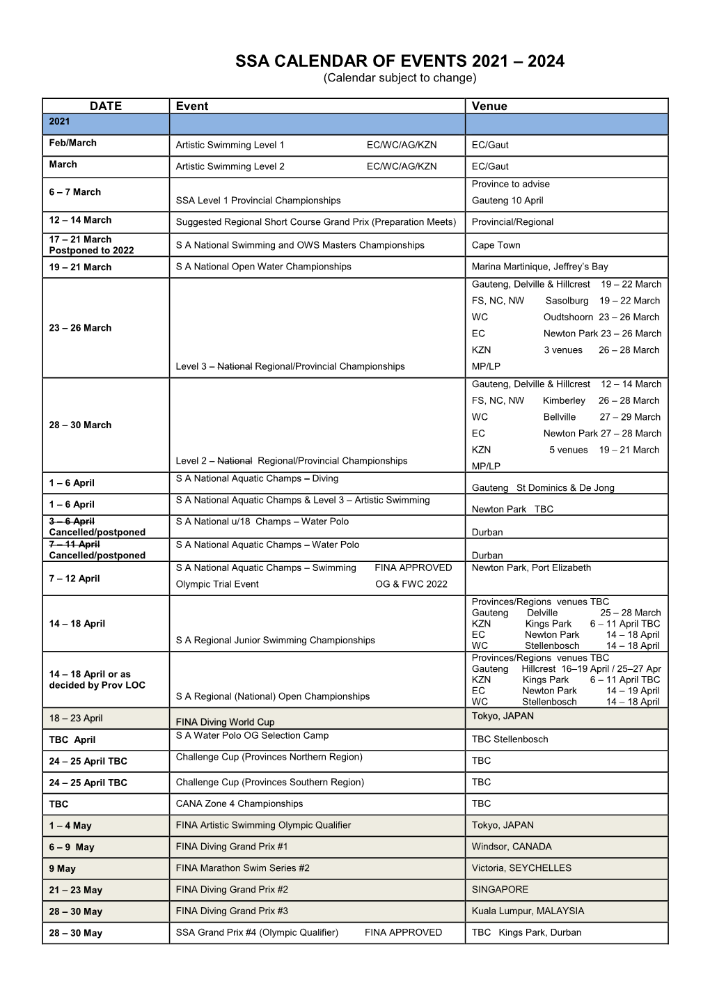 SSA CALENDAR of EVENTS 2021 – 2024 (Calendar Subject to Change)