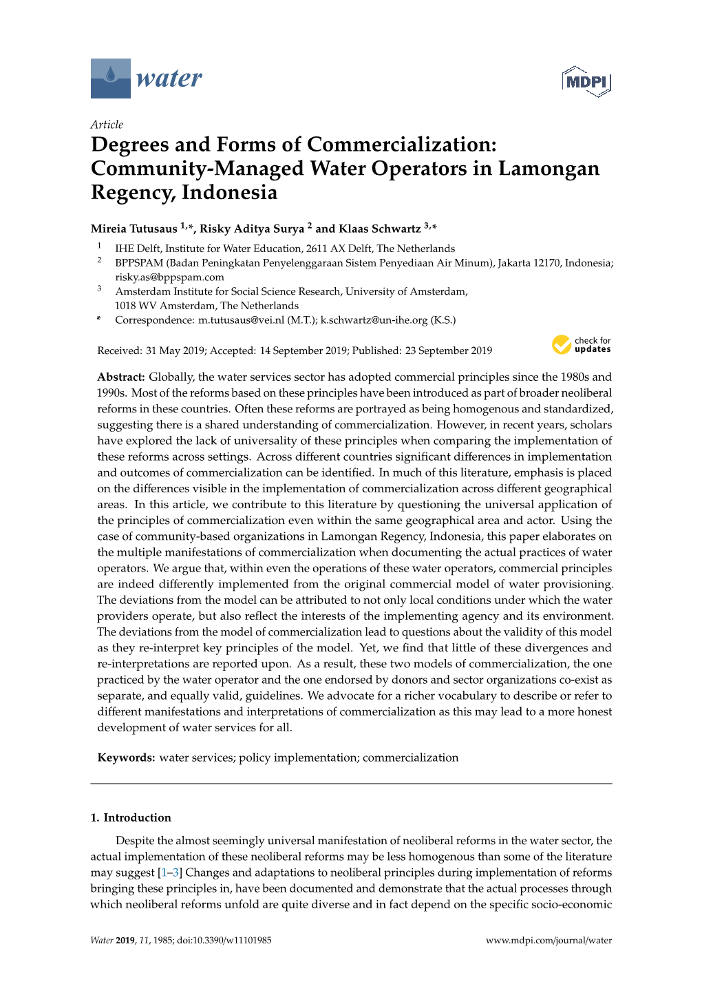 Degrees and Forms of Commercialization: Community-Managed Water Operators in Lamongan Regency, Indonesia