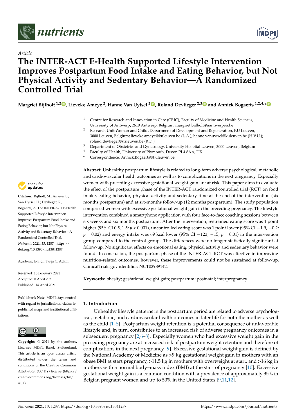 The INTER-ACT E-Health Supported Lifestyle Intervention Improves Postpartum Food Intake and Eating Behavior, but Not Physical Ac