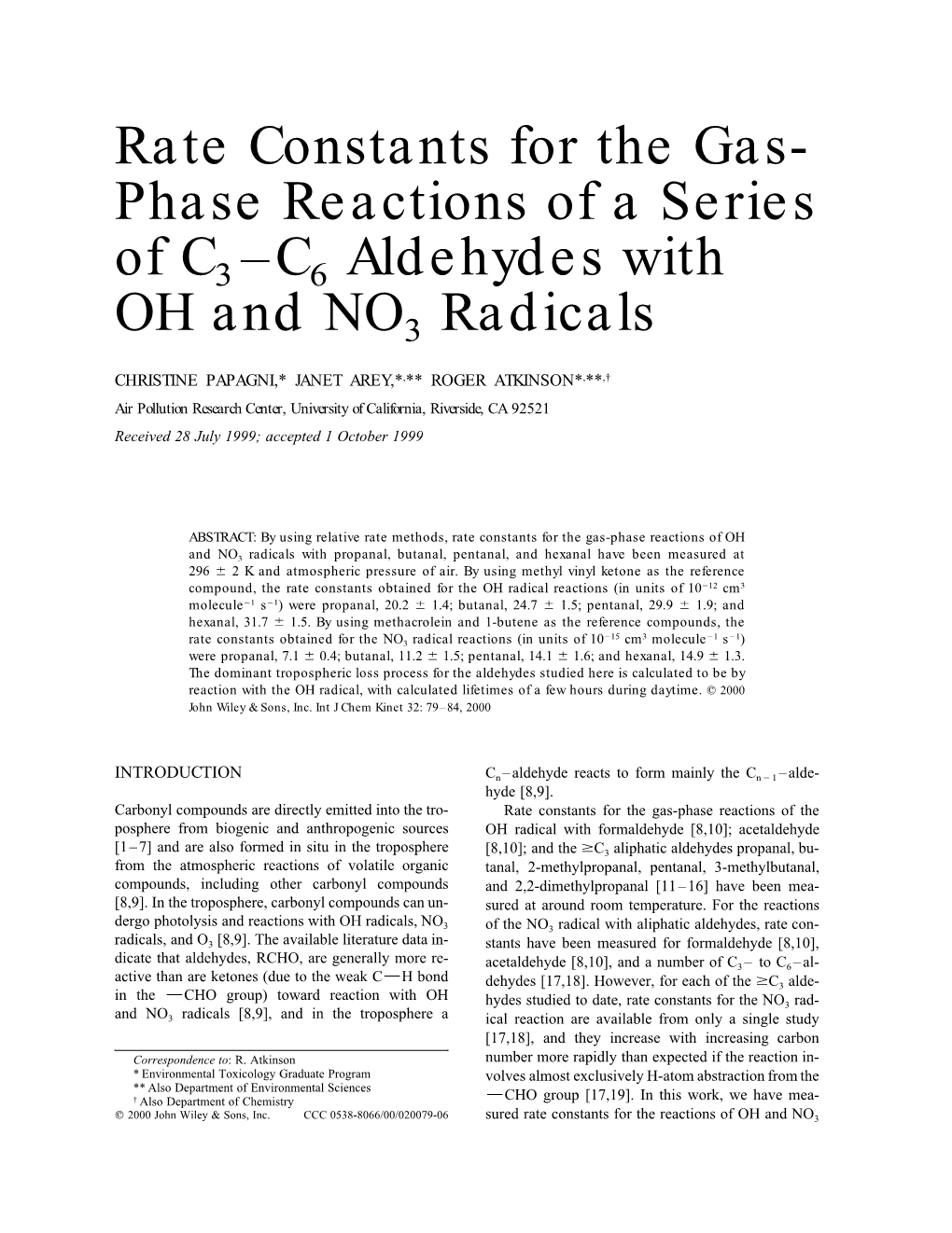 Rate Constants for the Gas-Phase Reactions of a Series of C3–C6