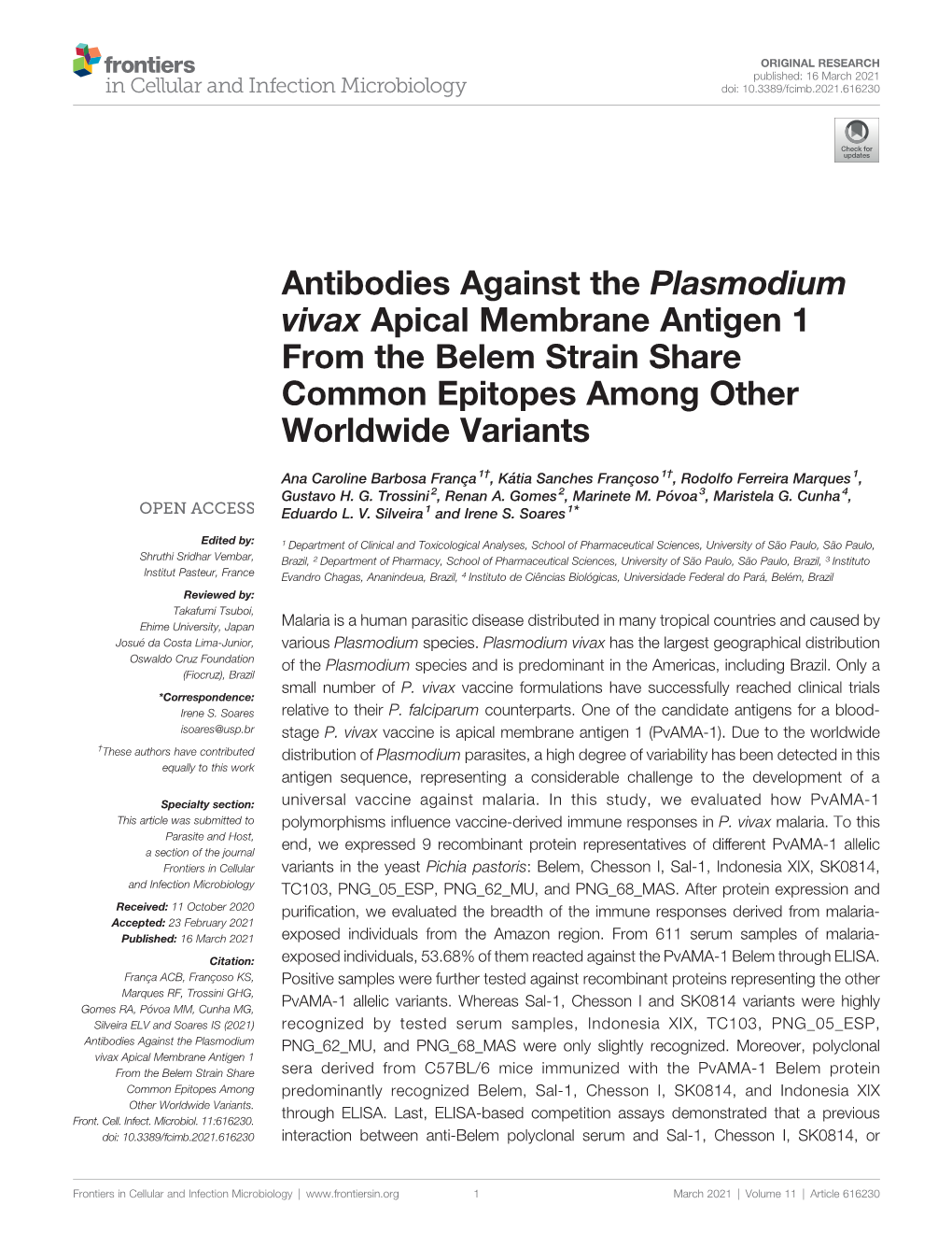 Antibodies Against the Plasmodium Vivax Apical Membrane Antigen 1 from the Belem Strain Share Common Epitopes Among Other Worldwide Variants