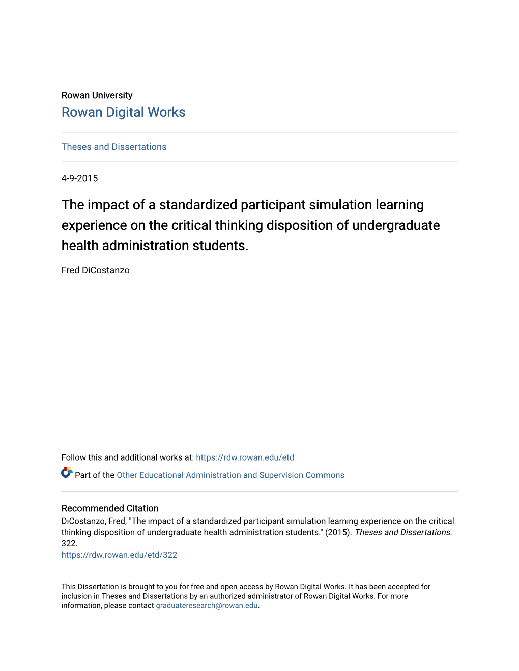 The Impact of a Standardized Participant Simulation Learning Experience on the Critical Thinking Disposition of Undergraduate Health Administration Students