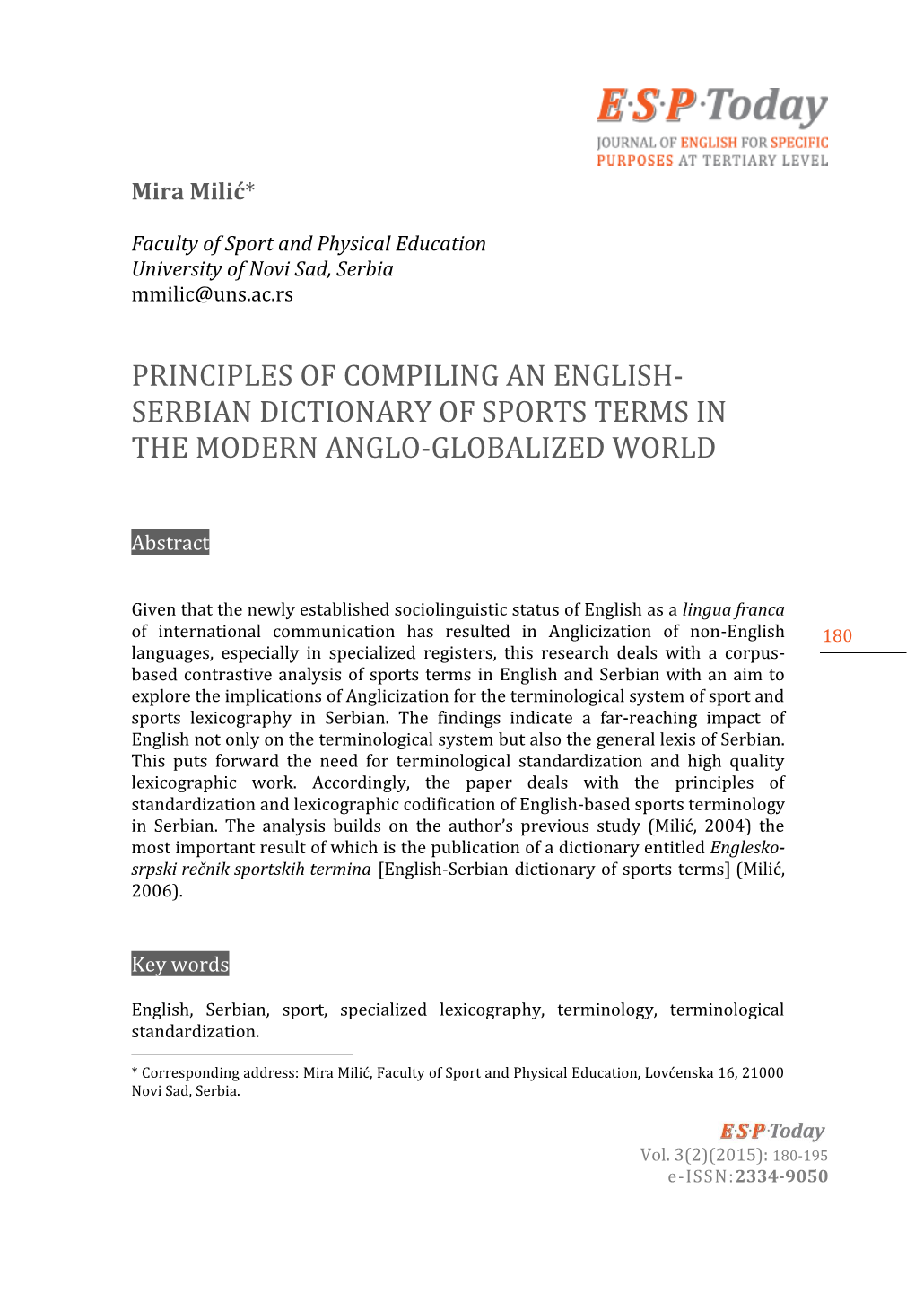 Principles of Compiling an English- Serbian Dictionary of Sports Terms in the Modern Anglo-Globalized World
