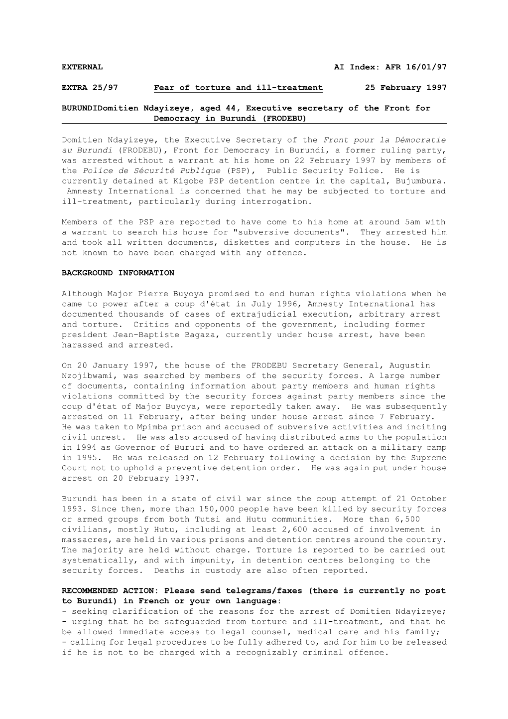 EXTERNAL AI Index: AFR 16/01/97 EXTRA 25/97 Fear of Torture and Ill