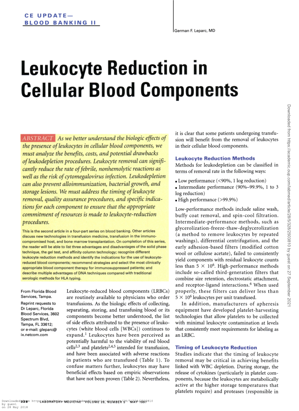 Leukocyte Reduction in Cellular Blood Components Downloaded from by Guest on 27 September 2021