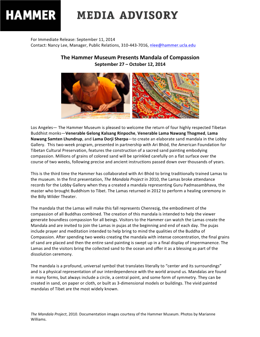 The Hammer Museum Presents Mandala of Compassion September 27 – October 12, 2014