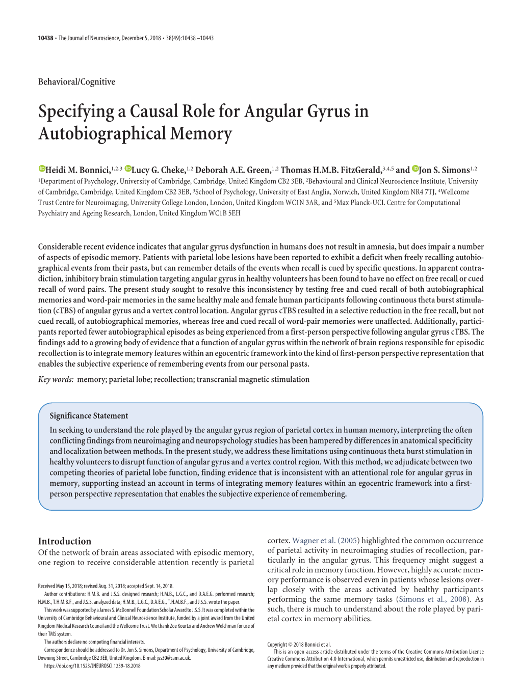 Specifying a Causal Role for Angular Gyrus in Autobiographical Memory