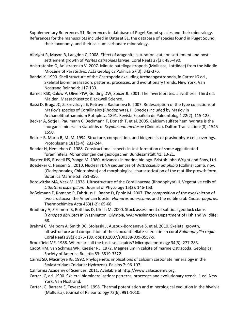 Supplementary References S1. References in Database of Puget Sound Species and Their Mineralogy