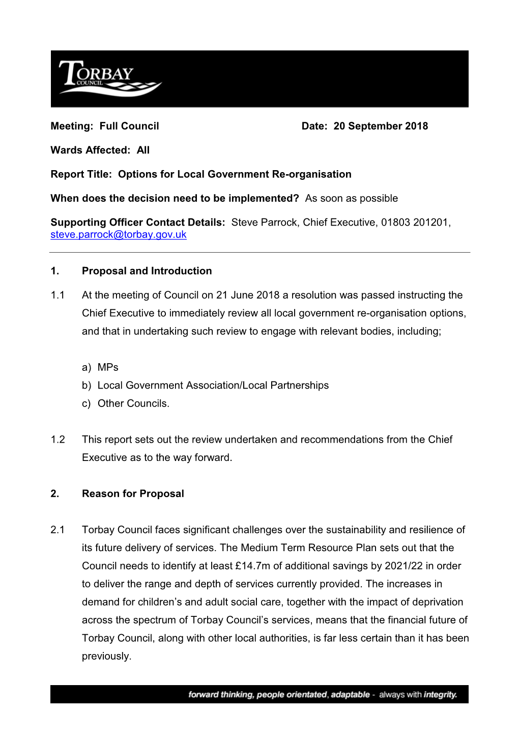 Meeting: Full Council Date: 20 September 2018