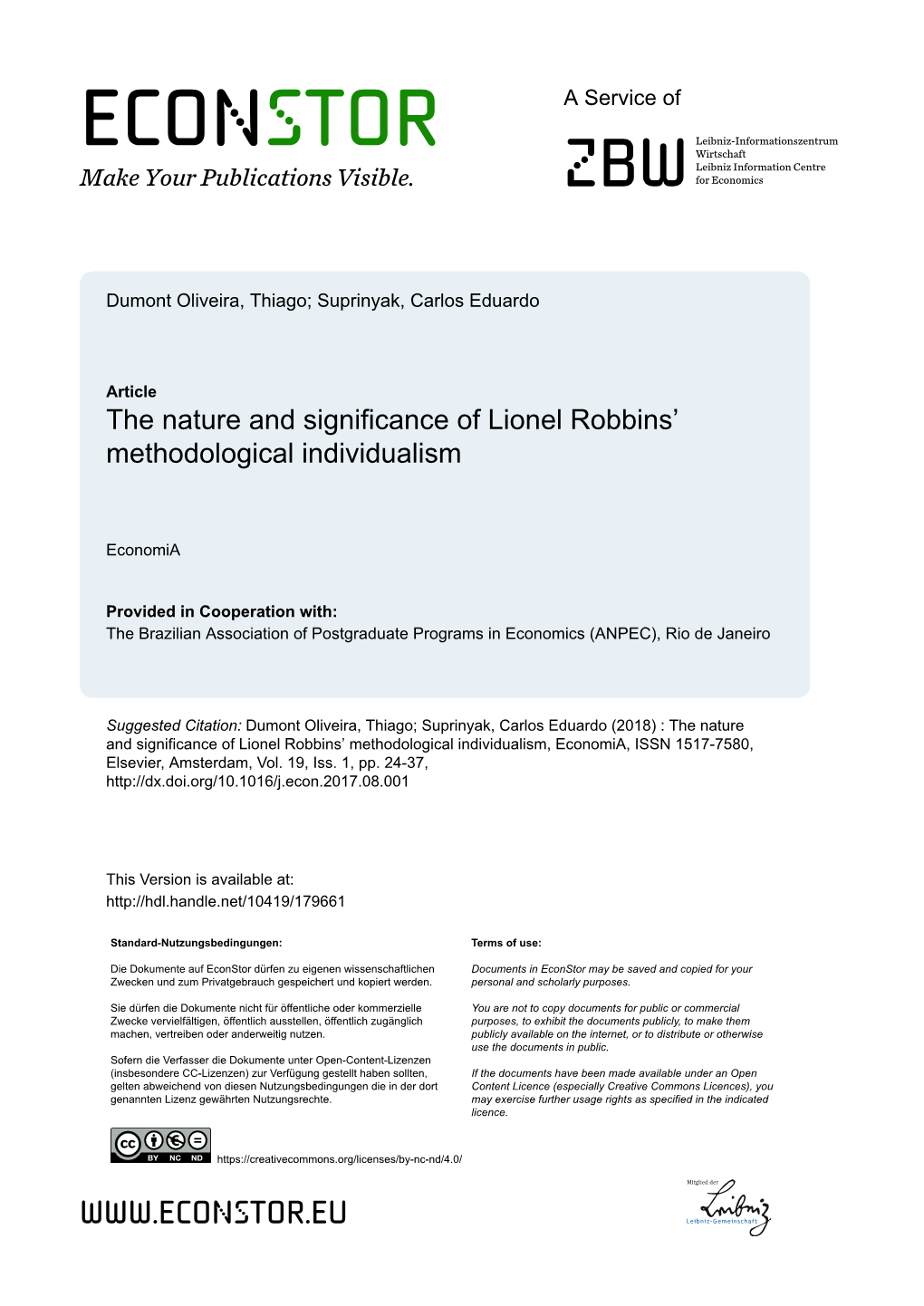 The Nature and Significance of Lionel Robbins' Methodological Individualism