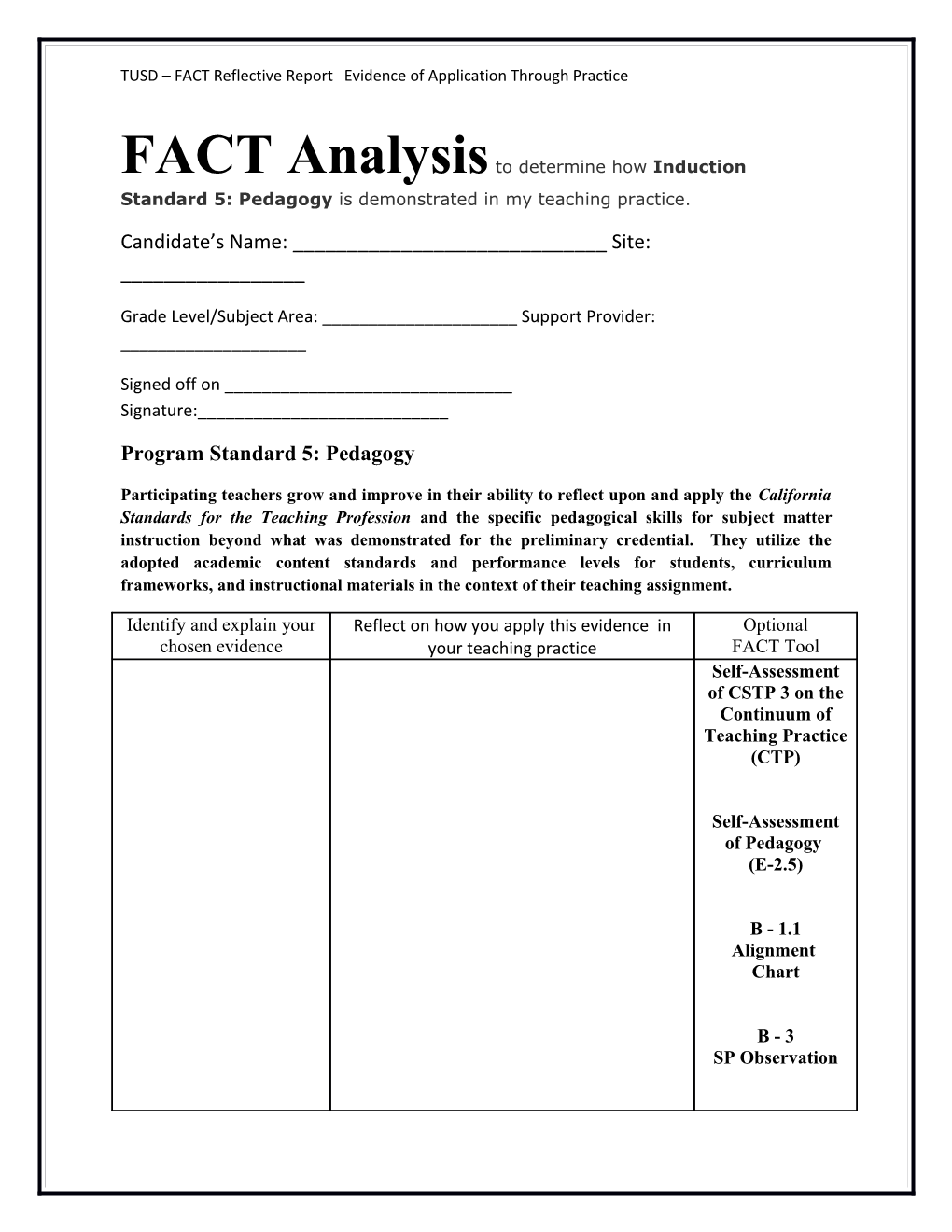 FACT Analysis to Determine How Induction Standard 5: Pedagogy Is Demonstrated in My Teaching