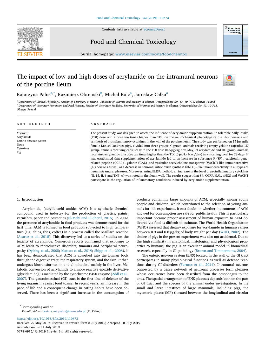 The Impact of Low and High Doses of Acrylamide on the Intramural Neurons of the Porcine Ileum T