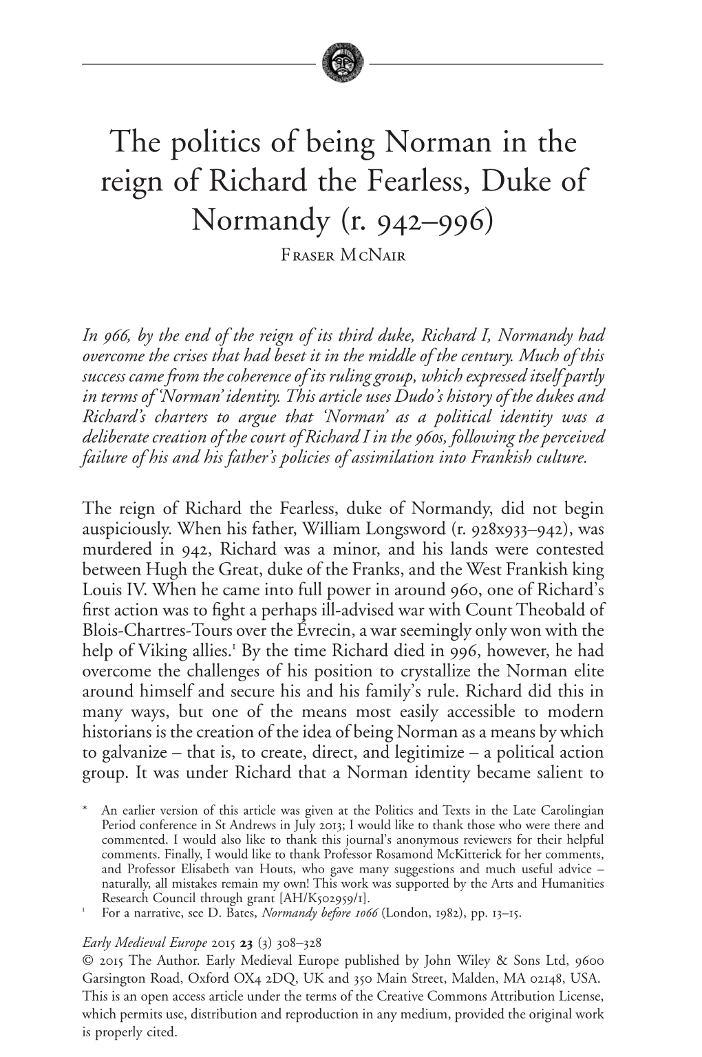 The Politics of Being Norman in the Reign of Richard the Fearless, Duke of Normandy (R