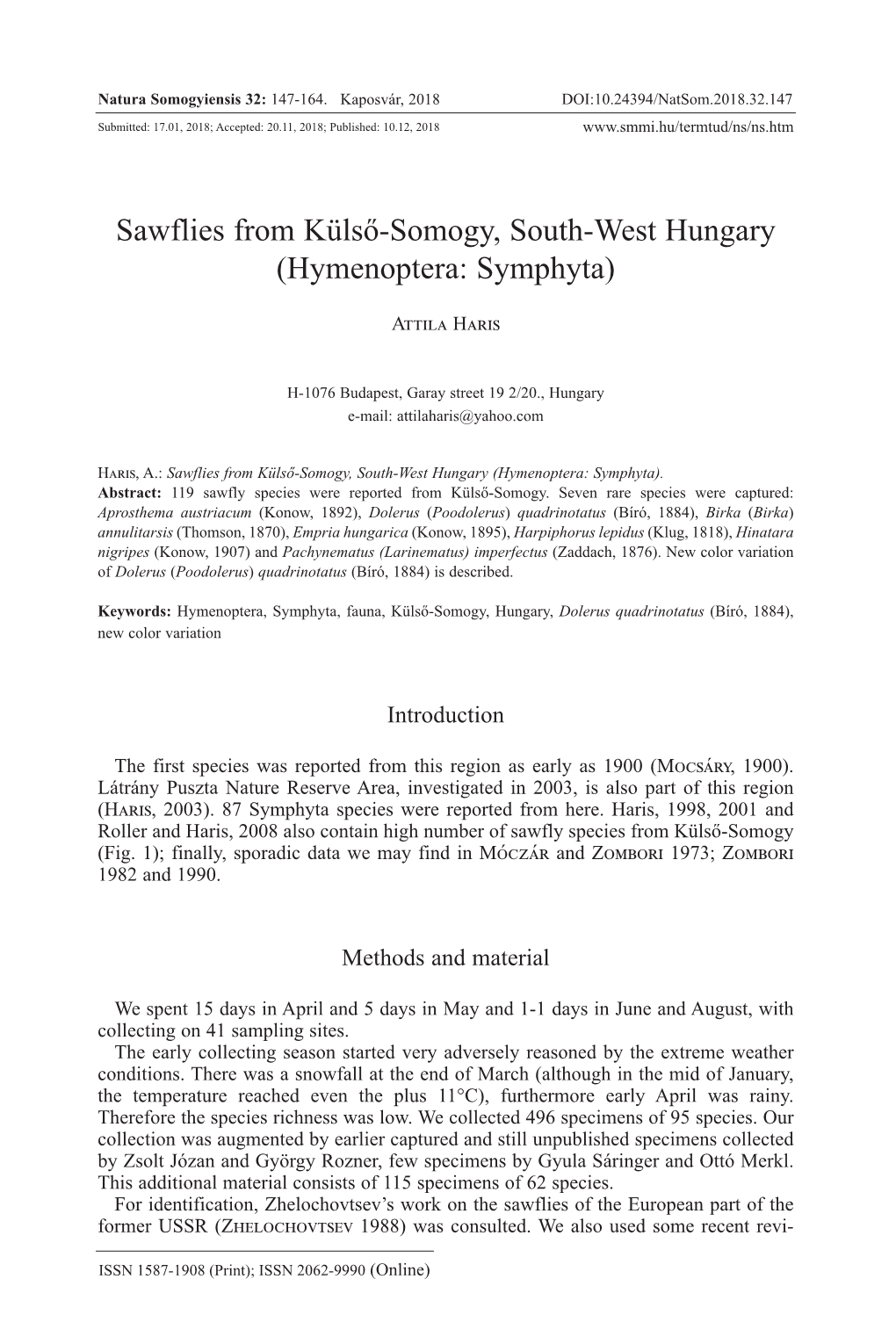 Sawflies from Külső-Somogy, South-West Hungary (Hymenoptera: Symphyta)
