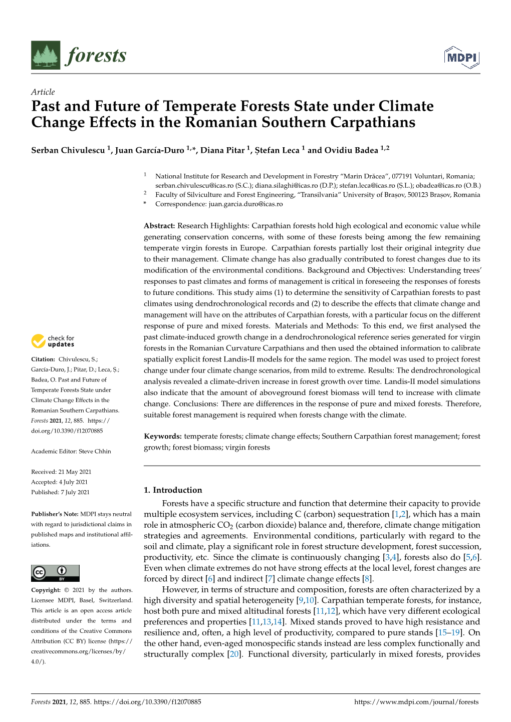 Past and Future of Temperate Forests State Under Climate Change Effects in the Romanian Southern Carpathians