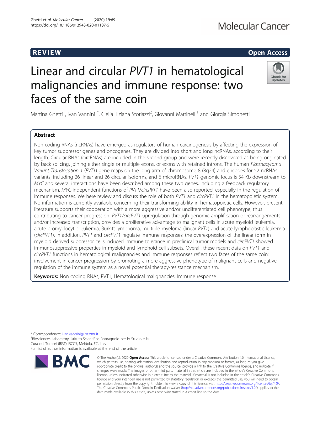 Linear and Circular PVT1 in Hematological Malignancies And