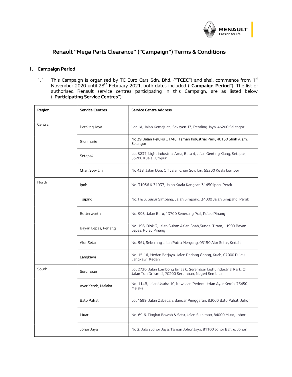 Renault “Mega Parts Clearance” (“Campaign”) Terms & Conditions