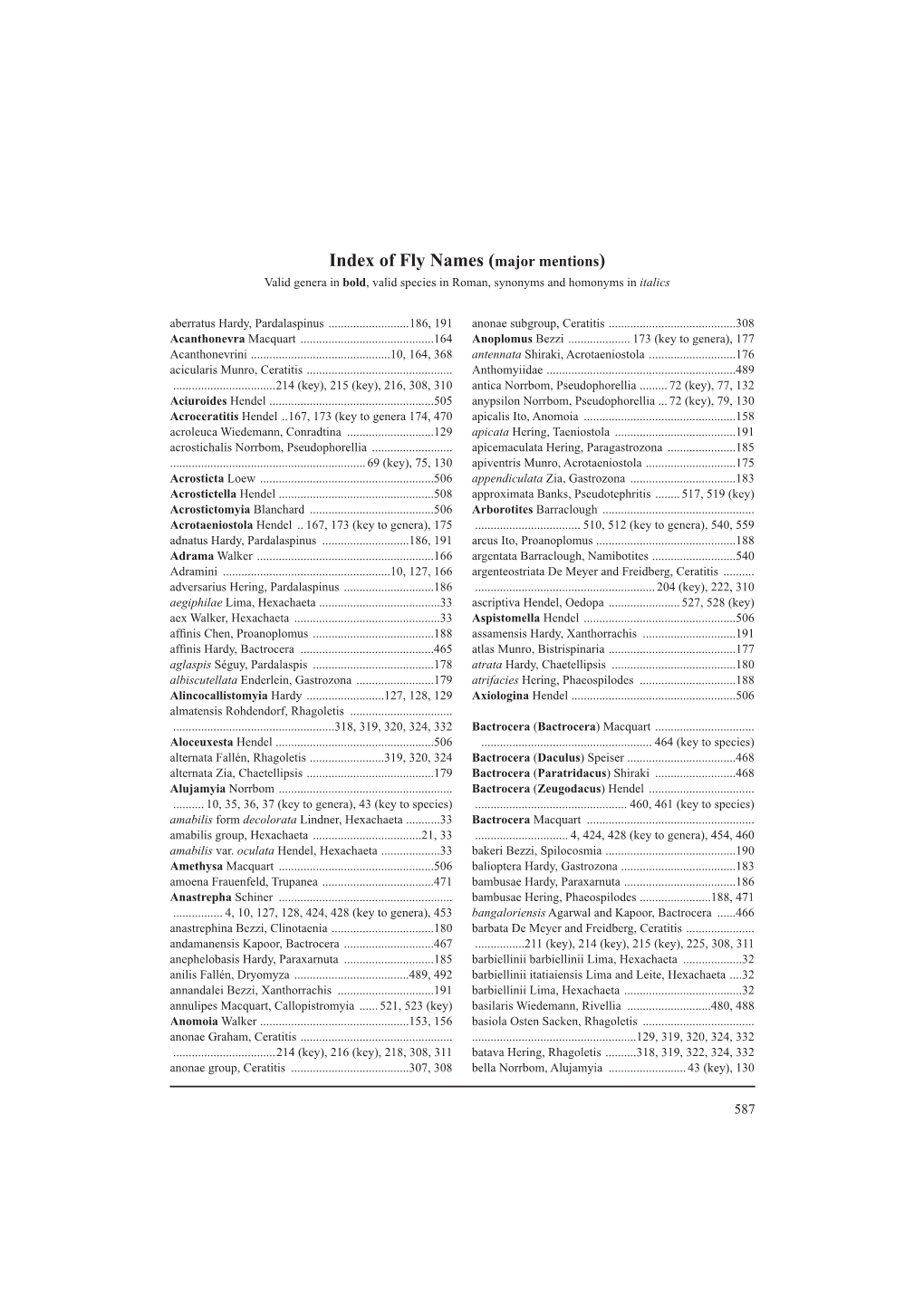 Index of Fly Names (Major Mentions) Valid Genera in Bold, Valid Species in Roman, Synonyms and Homonyms in Italics Aberratus Hardy, Pardalaspinus