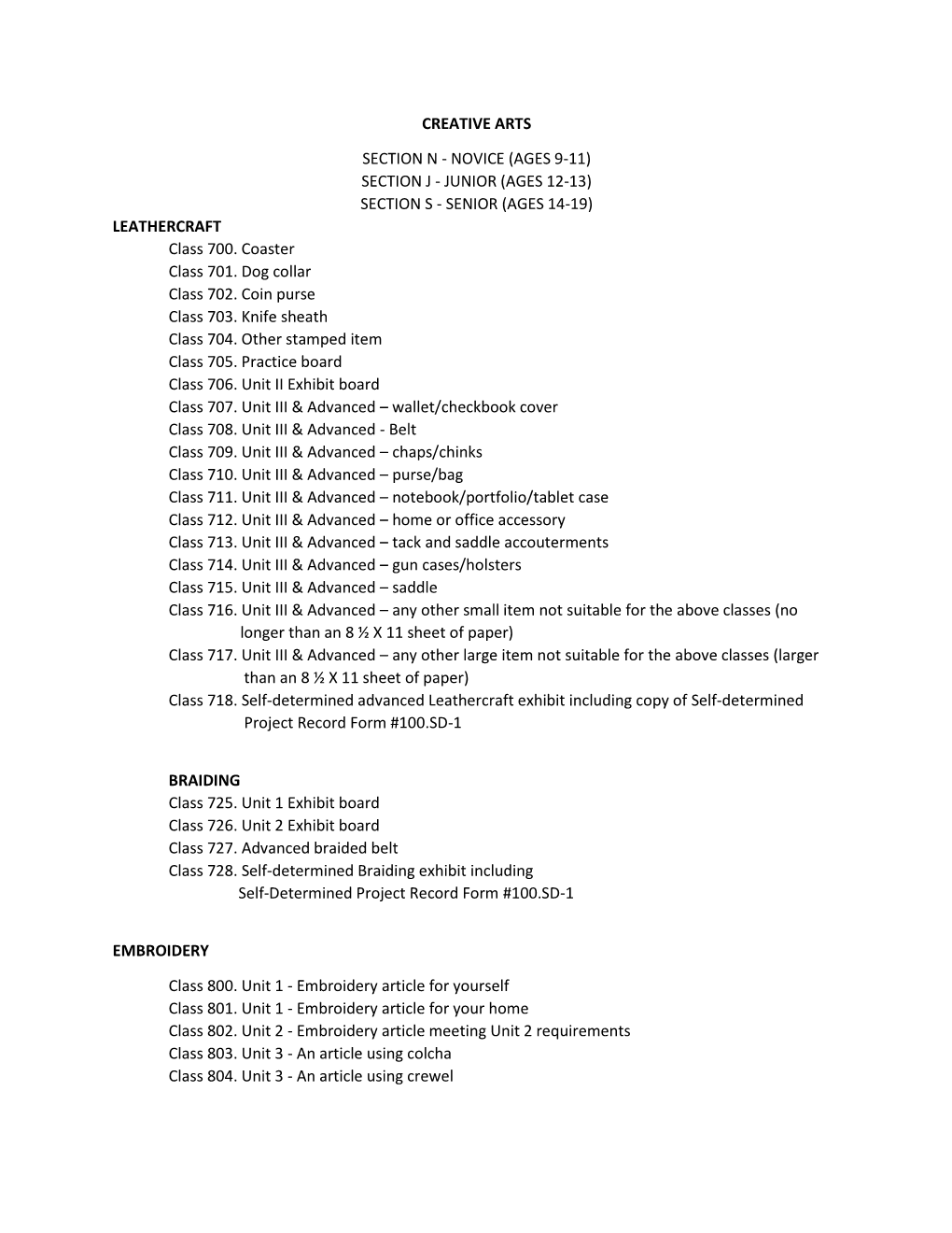 NOVICE (AGES 9-11) SECTION J - JUNIOR (AGES 12-13) SECTION S - SENIOR (AGES 14-19) LEATHERCRAFT Class 700