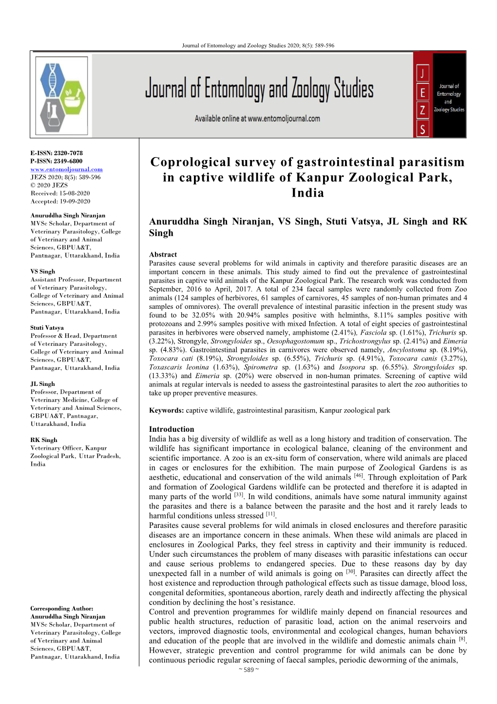 Coprological Survey of Gastrointestinal Parasitism in Captive Wildlife Of