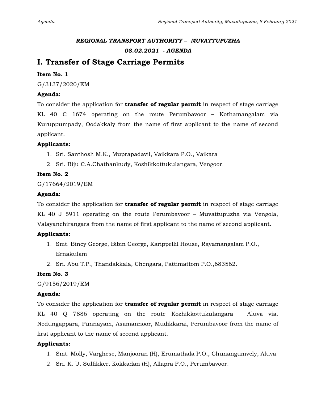 I. Transfer of Stage Carriage Permits Item No