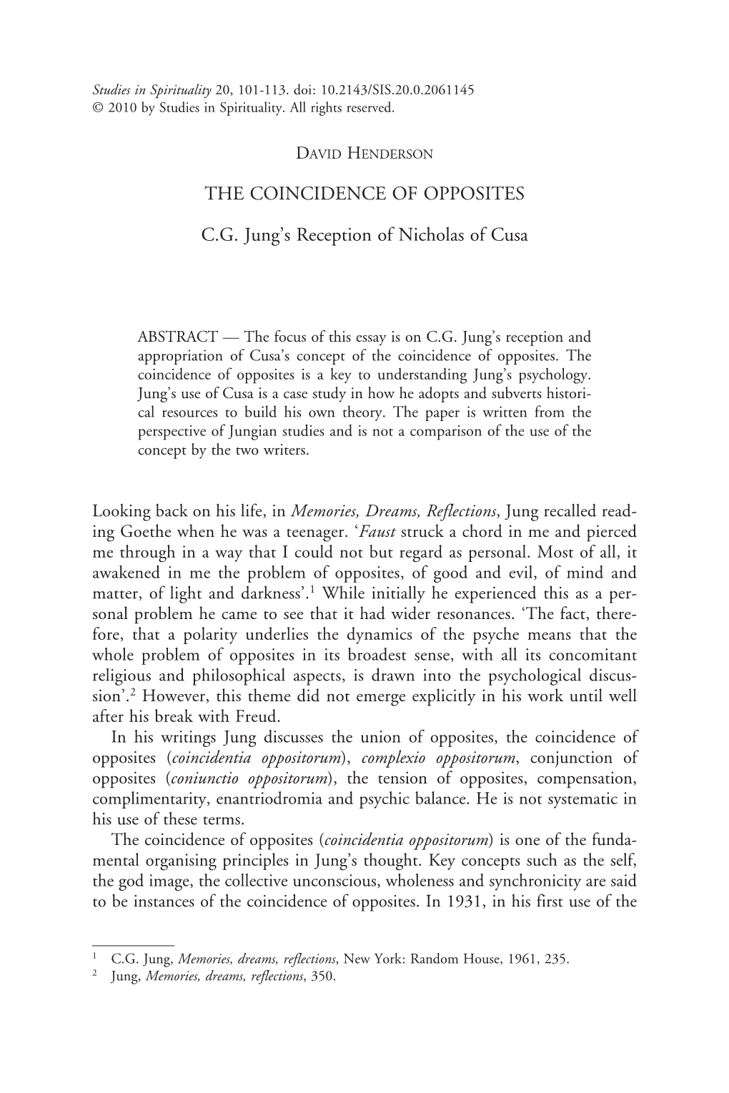 THE COINCIDENCE of OPPOSITES C.G. Jung's Reception of Nicholas