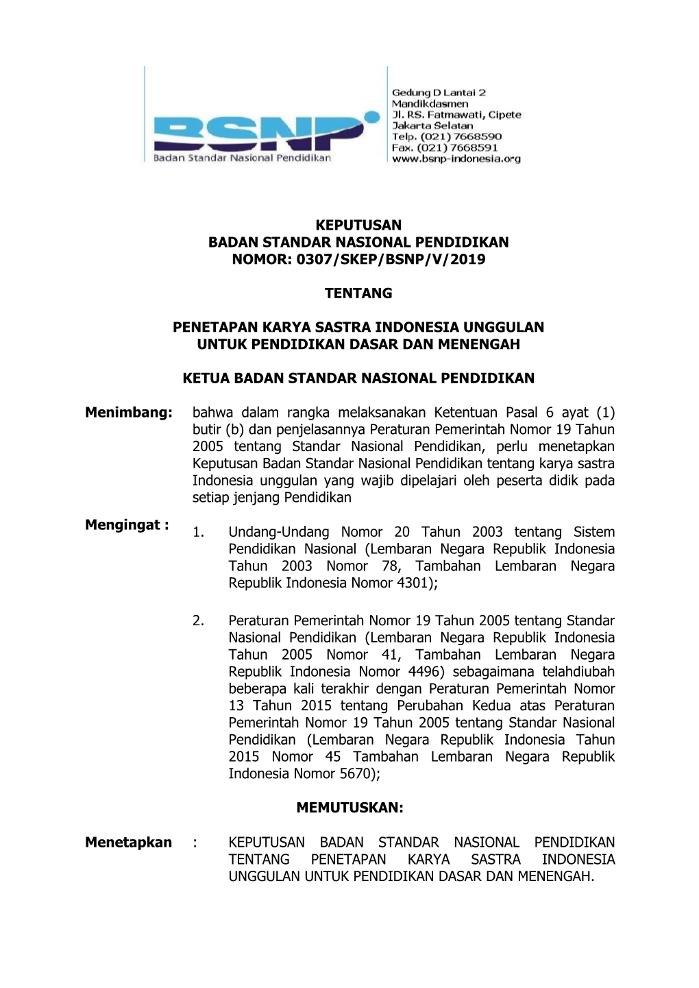 0307/Skep/Bsnp/V/2019 Tentang Penetapan Karya Sastra