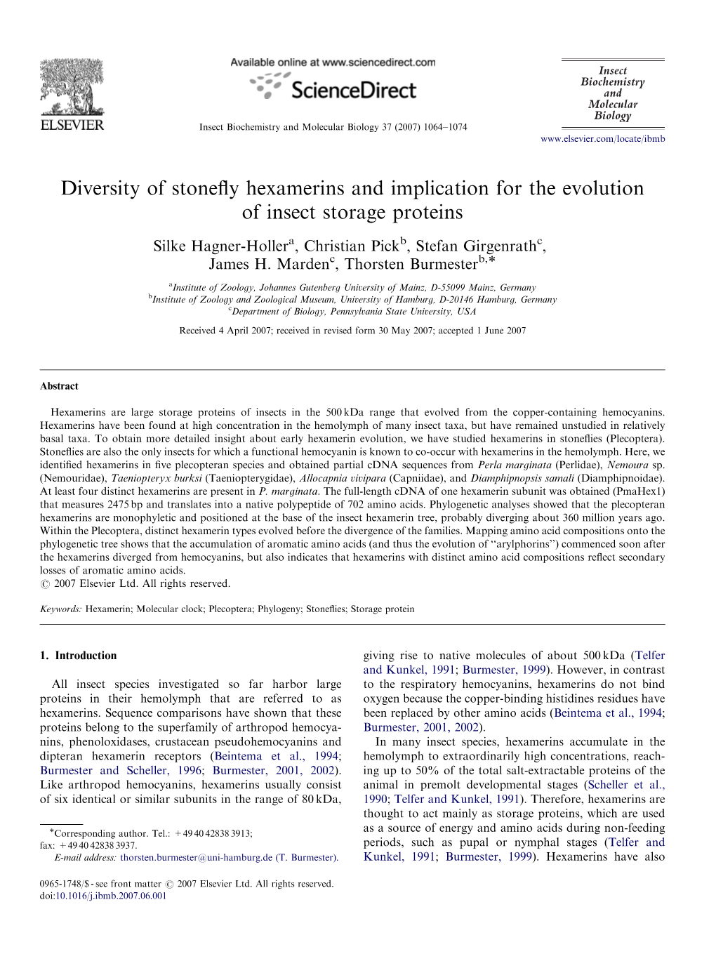 Diversity of Stonefly Hexamerins and Implication for the Evolution Of