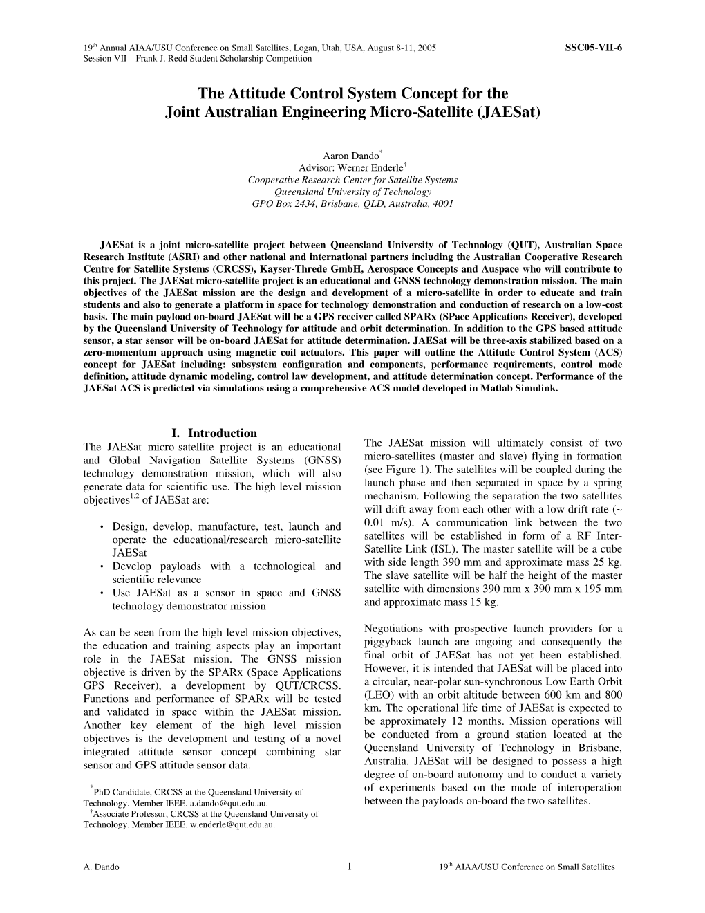 The Attitude Control System Concept for the Joint Australian Engineering Micro-Satellite (Jaesat)