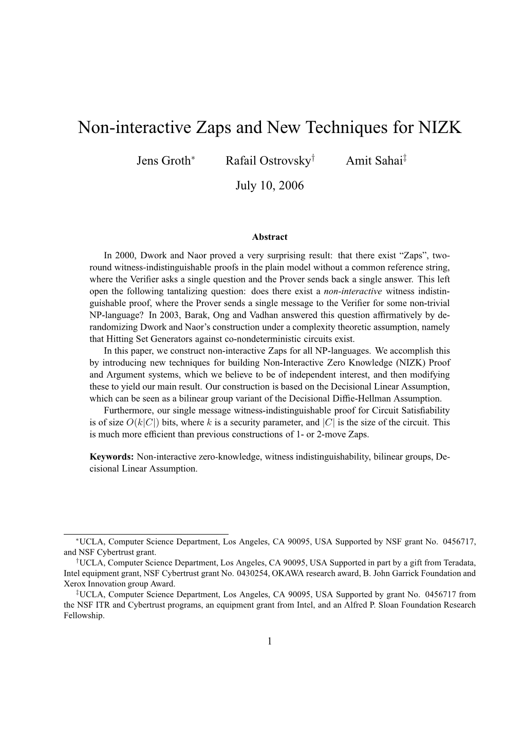 Non-Interactive Zaps and New Techniques for NIZK