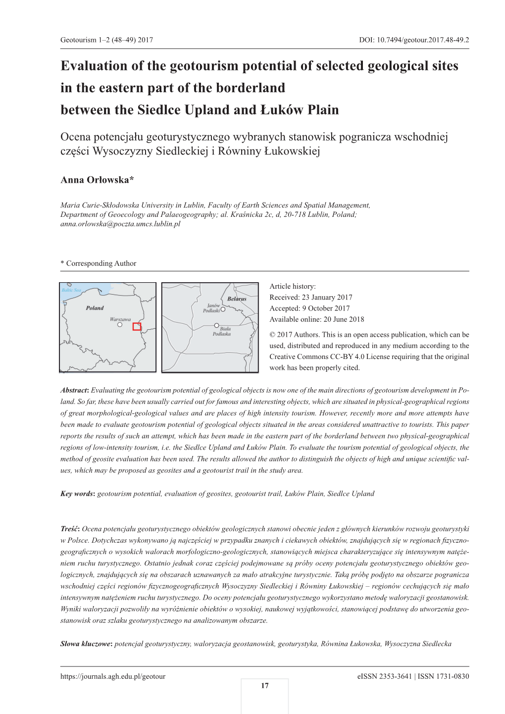 Evaluation of the Geotourism Potential of Selected Geological Sites in the Eastern Part of the Borderland Between the Siedlce Upland and Łuków Plain