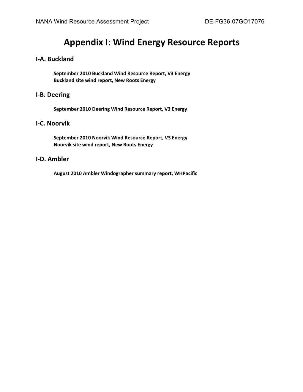 NANA Wind Resource Assessment Project Appendix I: Wind Energy